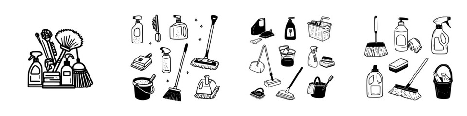 Hand drawn icons of various cleaning supplies and housekeeping tools