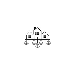 Silhouette icon of houses atop scales, representing legal property balance