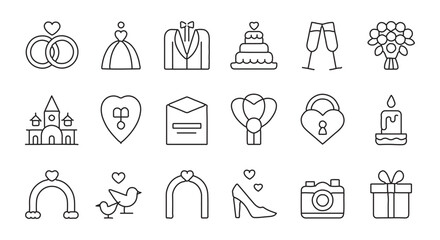 Minimalist Line Icons: Elegant Outlines for Love, Celebration, and Special Event Designs, Featuring Rings, Cakes, and Festive Elements
