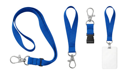 Set of Blank Blue Lanyards with ID Card Holders and Carabiner Clips Isolated on a Transparent Background