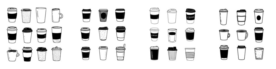 Hand drawn coffee cups and mugs doodle set of various containers