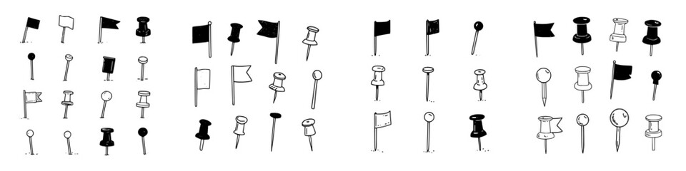 Hand drawn map pins and pushpins collection in black and white style