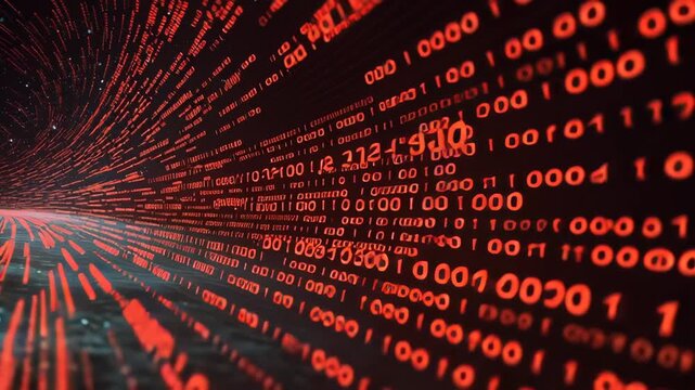 Dynamic Flow of Red Digital Binary Code Against a Dark Space Background