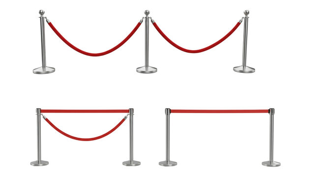 Set of Red Velvet Rope Barrier Stanchions in Different Configurations Isolated on Transparent Background