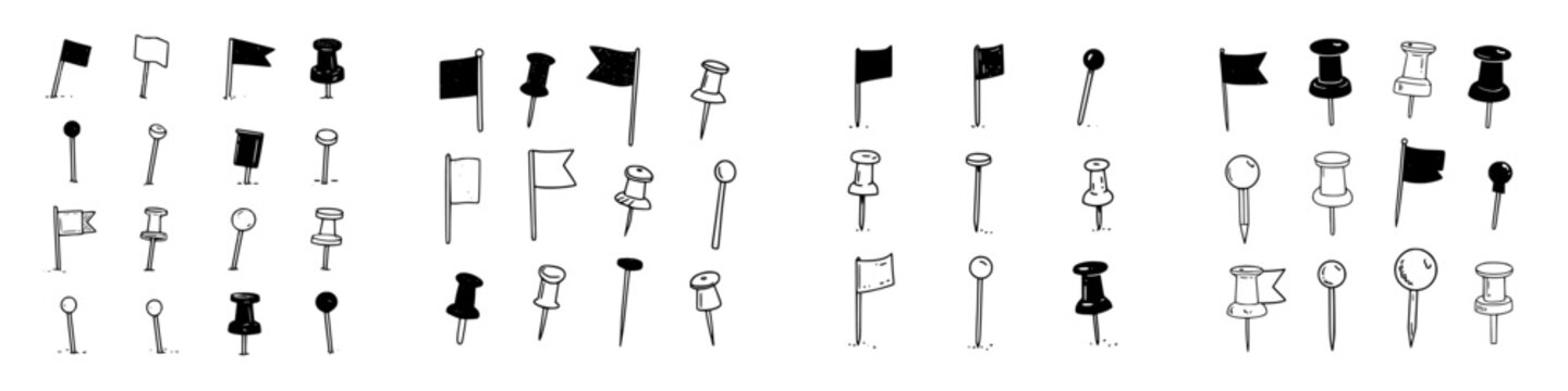 Hand drawn map pins and pushpins collection in black and white style