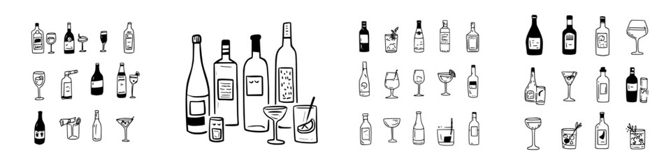 Assortment of hand drawn alcoholic beverage bottles and cocktail glasses
