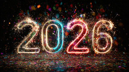 Sparkling 2026 numbers with colorful confetti and festive background  