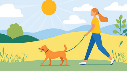A woman is walking her dog in a park