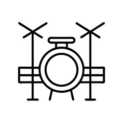 Simple line art illustration of a drum set with cymbals and snare drum