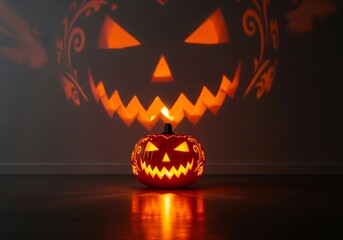 Carved Halloween pumpkin glows brightly, casting giant eerie shadow on wall, creating atmosphere of spooky fun and tradition.