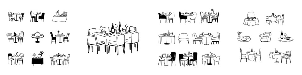 Hand-drawn cafe and restaurant table and chair seating arrangements collection