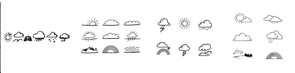 Set of hand drawn weather icons including sun, clouds, rain, and rainbow