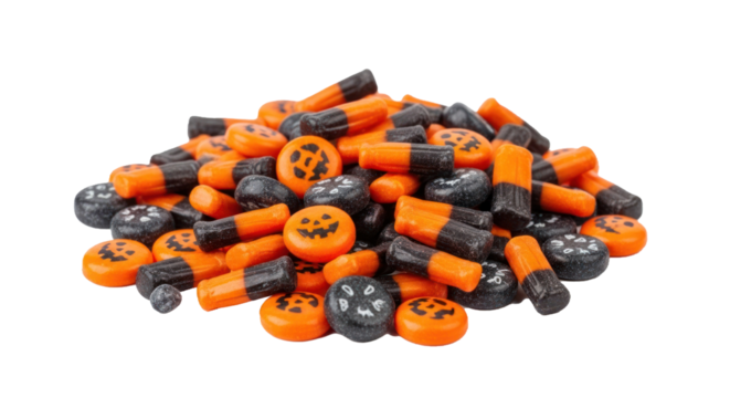 A pile of Halloween candy, including orange and black pumpkins with faces, on a white background.
