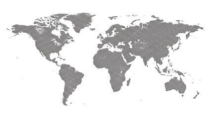 Obraz premium Textured Halftone World Map Graphic in Monochrome Gray on White Background for Global Business and Data