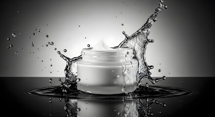 Luxury Skincare Cream Jar with Dynamic Water Splash - Monochrome Beauty Product Concept