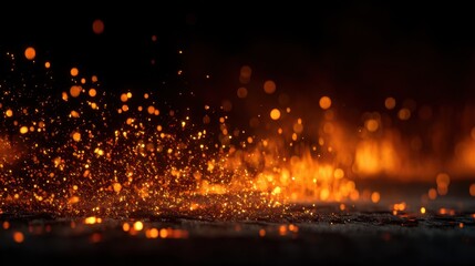 Glowing fire embers and sparks floating over a dark background with dynamic motion and vivid orange-yellow light.