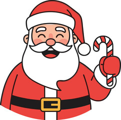Flat vector cartoon Santa Claus illustration, festive Christmas character design, red suit artwork, candy cane holding pose, joyful holiday themed concept