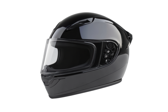 Glossy black motorcycle helmet with large visor and smooth shell.