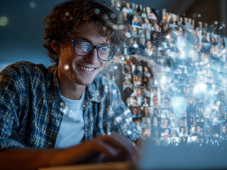 Young business person with glasses and a tablet computer is smiling and looking at the screen
