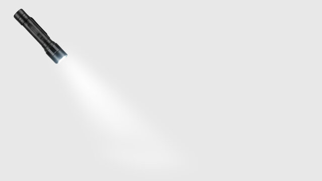 Black modern tactical flashlight casting a powerful, bright white light beam in the dark with a transparent background for concepts of search and discovery.