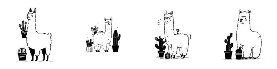Cute cartoon llamas and alpacas posing with various potted cacti plants