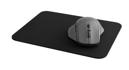 A black mousepad with a computer mouse on it.