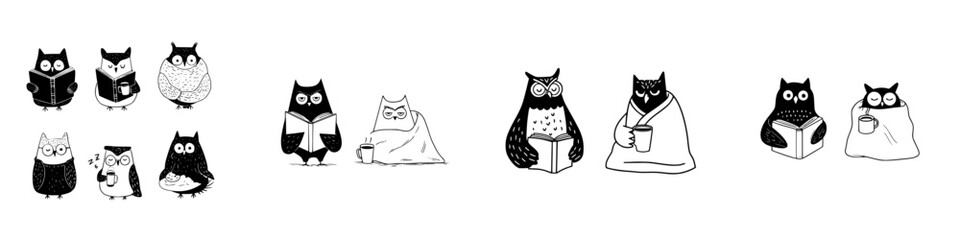 Cute owls reading books and relaxing with hot drinks