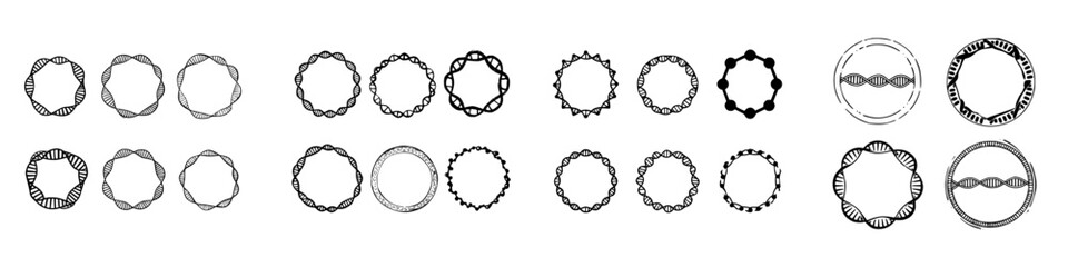 Hand drawn circular DNA molecule icons and abstract genetic frames