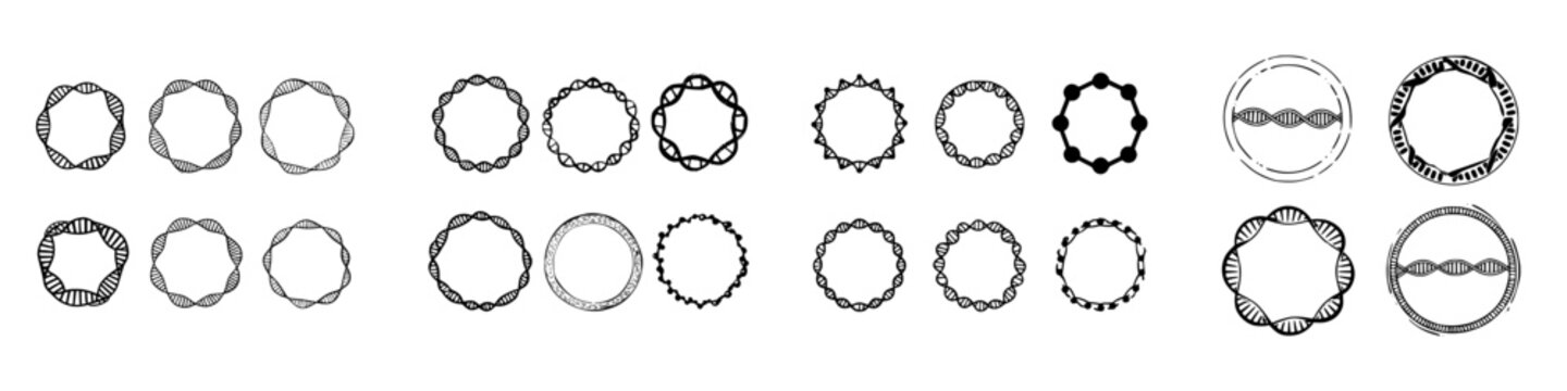 Hand drawn circular DNA molecule icons and abstract genetic frames