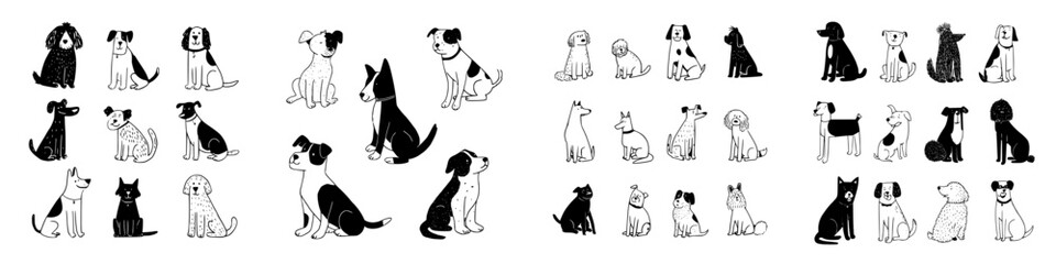 Collection of various dog breeds in simple black and white sketchy style