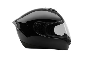 Obraz premium Glossy black motorcycle helmet with aerodynamic shape and tinted visor.