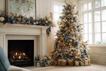 A beautifully decorated Christmas tree with gold and blue ornaments beside a fireplace with garlands