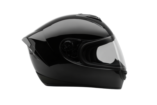 Glossy black motorcycle helmet with aerodynamic shape and tinted visor.