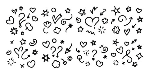Collection of hand drawn doodle elements including hearts stars arrows and swirls