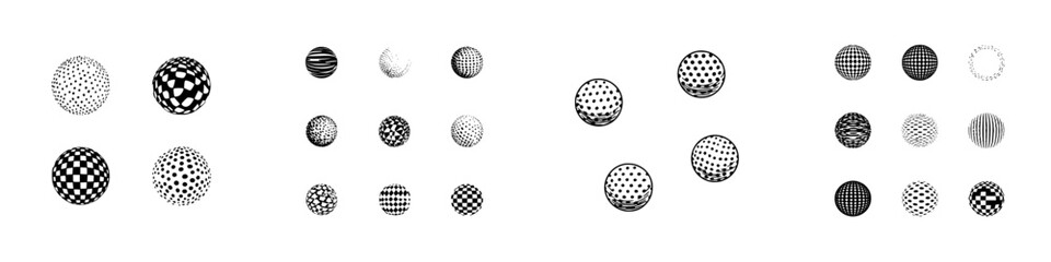 Collection of abstract geometric spheres with halftone and checkerboard patterns