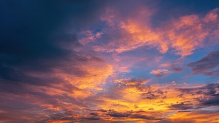 Fototapeta premium Dramatic twilight sky with colorful sunset hues and expressive clouds in deep orange, pink, gold, and blue tones.