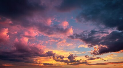 Naklejka premium Dramatic twilight sky with colorful sunset hues and expressive clouds in deep orange, pink, gold, and blue tones.