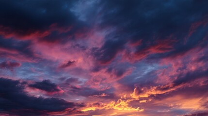 Obraz premium Dramatic twilight sky with colorful sunset hues and expressive clouds in deep orange, pink, gold, and blue tones.