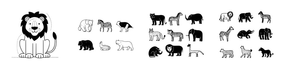 Stylized black and white icons of wild and zoo animals in various forms