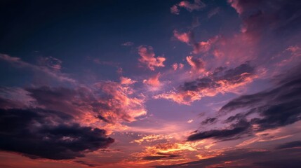 Fototapeta premium Dramatic twilight sky with colorful sunset hues and expressive clouds in deep orange, pink, gold, and blue tones.