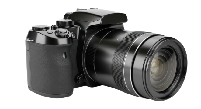 A black digital camera with a large lens and buttons on a white background.