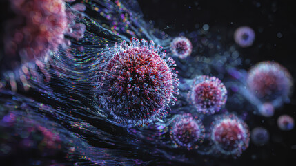 Microscopic virus particles morphing into digital glitch, symbol of modern pandemic, conceptual art