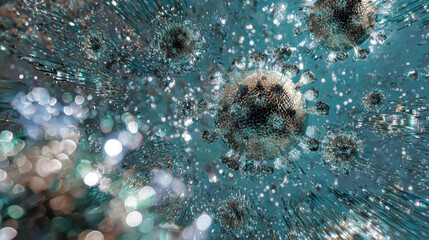 Microscopic virus particles morphing into digital glitch, symbol of modern pandemic, conceptual art