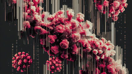 Microscopic virus particles morphing into digital glitch, symbol of modern pandemic, conceptual art