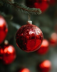 Fototapeta premium Shiny Red Christmas Ornament Hanging from a Christmas Tree Branch