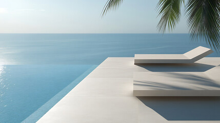 Obraz premium Tranquil ocean view from a minimalist lounge area, with a chaise lounge and palm tree shadow, serene getaway. #oceanview #minimalism #getaway