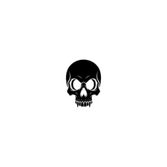 Stylized black skull with curved features on a plain white background, centered
