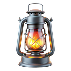 Vintage kerosene lantern with a glowing flame and metal handle isolated on transparent background