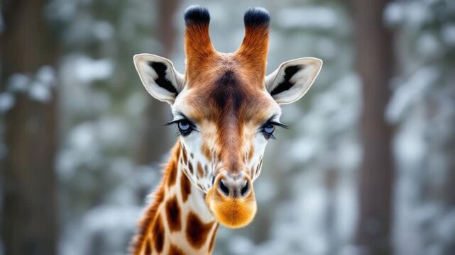 Giraffe Portrait in Winter Wonderland - A Captivating Wildlife Encounter.