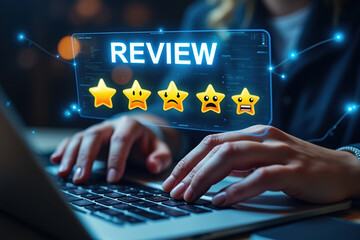 Person hands typing laptop keyboard, review interface displaying various star ratings with expressive faces